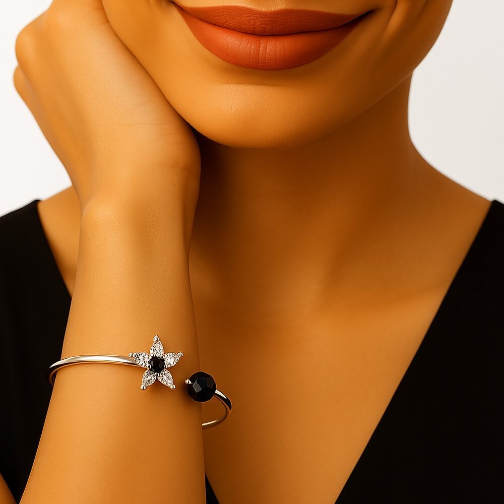 Ice Blossom Flower Cuff Bracelet – Sterling Silver Overlay - Swarovski Crystal